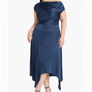 Maggy London One-Shoulder Cap
Sleeve Satin Midi Dress Women Size Medium Blue